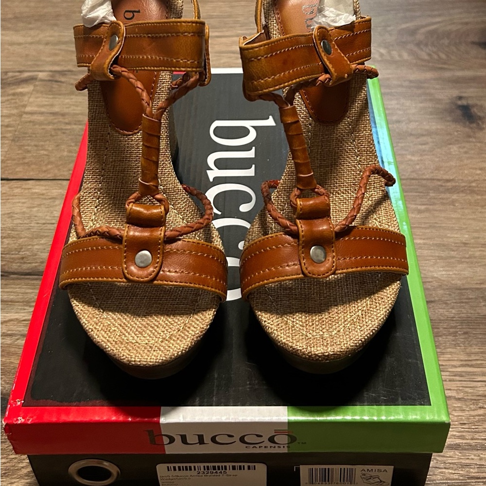 Bucco Tan and Brown Gladiator Sandals with Cork Footbed